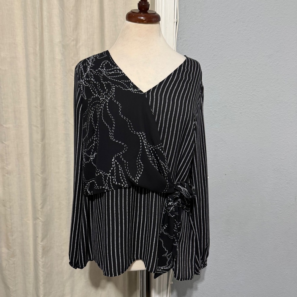Alfani Black Women's Size L Chain Stripe‎ Wrap V Neck Long Sleeve Blouse Top